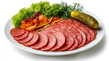 Sliced Sausage Platter with Vegetables and Pickles photo
