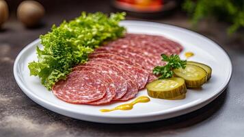 Sliced Sausage with Lettuce and Pickles A Gourmet Appetizer photo