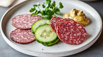 Appetizing Sausage and Cucumber Platter photo