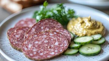 A delightful platter of sliced sausage, cucumber, and mustard photo