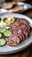 Sliced Sausage and Cucumber Appetizer Delightful Plate photo