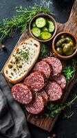 Sliced Sausage, Fresh Bread, Cucumbers, and Pickles A Culinary Delight photo