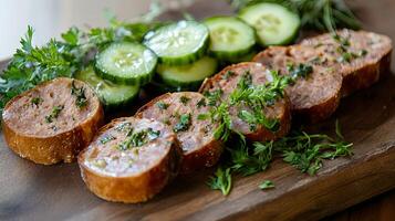 Sliced Sausage with Cucumber and Herbs on a Wooden Board photo
