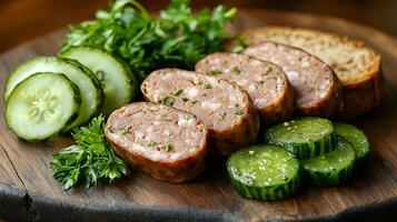 Sliced Sausage Served with Cucumbers and Fresh Herbs A Delightful Dish photo
