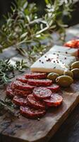 Appetizing Sausage and Cheese Platter on Rustic Wooden Board photo