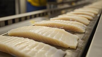 Fresh White Fish Slices on a Conveyor Belt photo