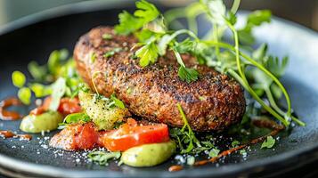 Scrumptious Gourmet Food Plate with Juicy Meatball photo