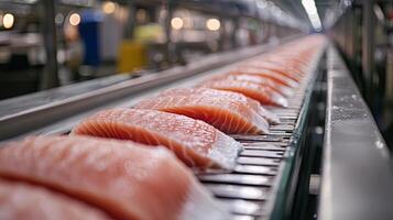 Freshly Sliced Salmon on a Conveyor Belt in a Food Processing Facility photo