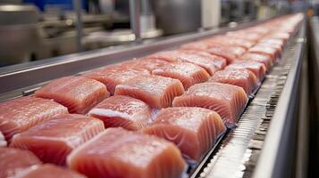 Fresh Tuna Slices on a Conveyor Belt - Food Industry photo