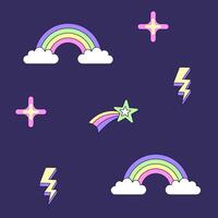Seamless pattern with vintage comet lightning and rainbow in style of 90s. Multicolored elements on dark background. Retro illustration with outline in 90s style. illustration. vector