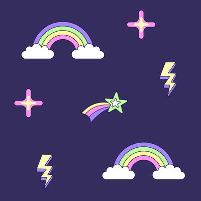 Seamless pattern with vintage comet lightning and rainbow in style of 90s. Multicolored elements on dark background. Retro illustration with outline in 90s style. illustration.