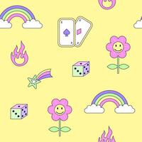 Seamless pattern with vintage flower and rainbow in style of 90s. Multicolored elements on yellow background. Retro illustration with outline in 90s style. illustration. vector