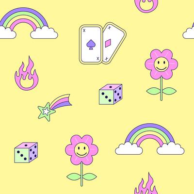 Seamless pattern with vintage flower and rainbow in style of 90s. Multicolored elements on yellow background. Retro illustration with outline in 90s style. illustration.