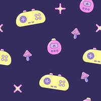 Seamless pattern with gamepads and fly agaric mushrooms. Multicolored elements on dark background. Retro illustration with outline in 90s style. illustration. vector