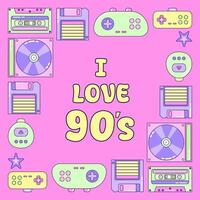 Square Frame Game and Music. Multicolored elements on pink background. Retro illustration with outline in 90s style. Isolated illustration. vector