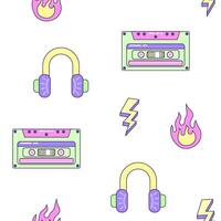 Seamless pattern with audio cassette and headphones. Multicolored elements on white background. Retro illustration with outline in 90s style. illustration. vector
