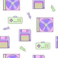 Seamless pattern with floppy disk and gamepad. Multicolored elements on white background. Retro illustration with outline in 90s style. illustration. vector