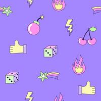 Seamless pattern with vintage flower and rainbow in style of 90s. Multicolored elements on purple background. Retro illustration with outline in 90s style. illustration. vector