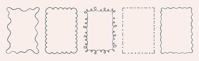 Set of decorative hand drawn doodle rectangle frames. Simple and elegant outlines featuring wavy, curly, and dashed lines. Perfect for designing cards, invitations, and creative projects. vector