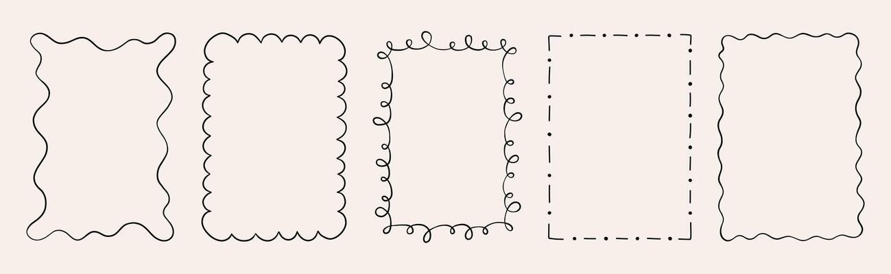 Set of decorative hand drawn doodle rectangle frames. Simple and elegant outlines featuring wavy, curly, and dashed lines. Perfect for designing cards, invitations, and creative projects.