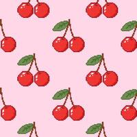 Seamless pattern with cherries and leaves on a pink background. Hand drawn illustration in pixel style for wrapping paper, textile, fabric. vector