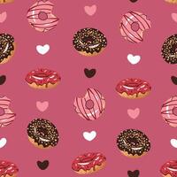 Seamless pattern with glazed donuts and hearts. Repeating texture with delicious dessert for fabric, wallpaper vector