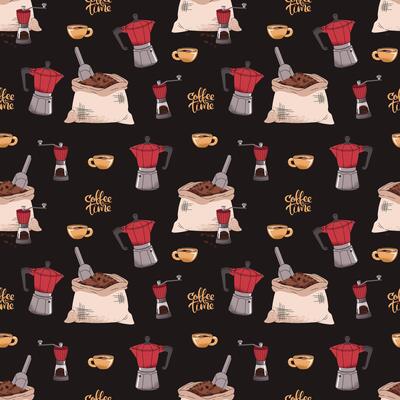 Seamless pattern with coffee bag, moka pot, coffee grinder. Repeating texture with coffee accessories and tools. Barista tools. Coffee time. Suitable for textile, wallpaper, paper, etc.