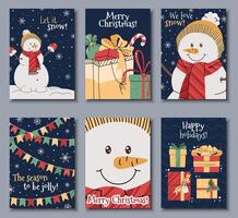 Set of Christmas greeting cards with a snowman in a hat and scarf on a blue background with snowflakes in a cartoon flat style. illustration vector