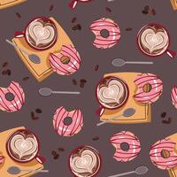 Seamless pattern with a cup of coffee and a donut. Repeating texture with a coffee drink and dessert. Coffee time. Suitable for textiles, wallpaper vector