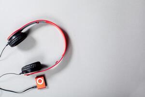 Audio Headphones with Cord on Grey Background photo