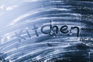 Dark wooden background with flour dust photo
