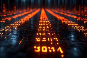 Glowing Digital Data Corridor in Futuristic Server Room for Cybersecurity and Technology photo