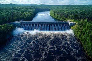 Aerial View of Majestic Dam in Lush Forest Landscape for Environmental Conservation photo