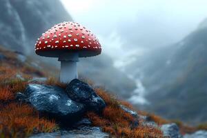 Enchanting Toadstool Mushroom in Misty Mountain Landscape for Nature and Fantasy Themes photo