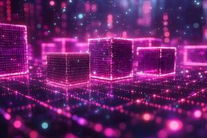 Futuristic Digital Blockchain Network with Glowing Pink Cubes for Tech Design photo