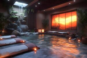 Tranquil Spa Retreat with Waterfall and Sunset Views for Relaxation and Wellness photo