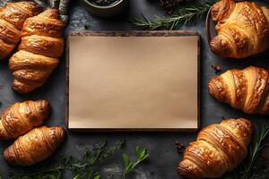 Fresh Baked Croissants Breakfast Theme with Rustic Blank Notepad for Culinary Projects photo