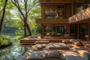 Tranquil Lakeside Retreat with Modern Architecture for Relaxation and Reflection photo