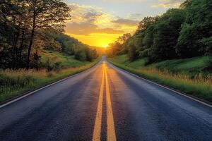 Sunset over Serene Countryside Roadscape for Tranquil Journey Inspirations photo