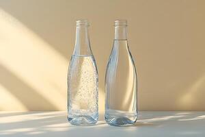 Minimalist Pair of Sparkling and Still Water Bottles in Sunlit Setting for Beverage Design photo