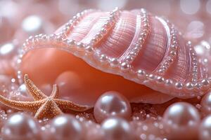 Elegant Pink Seashell with Pearls and Starfish - Oceanic Decoration for Coastal Design and Inspirations photo