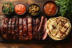 Delicious Barbecue Ribs with Sauces and Grilled Flatbread for Rustic Dining Experience photo