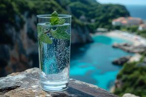 Refreshing Sparkling Water with Mint on Tropical Cliffside Overlooking Turquoise Sea photo