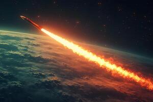 Rocket Launch into Space with Fiery Trail Above Earth Atmosphere photo