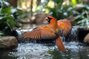 Vibrant Cardinal in Flight Over Tranquil Waterfall in Lush Forest Setting photo