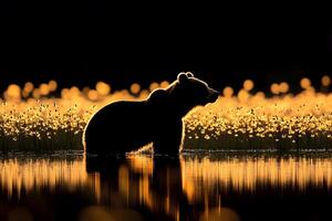 Silhouette of Bear in Golden Field at Dusk - Nature and Wildlife Scene for Posters photo