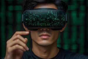 Virtual Reality Experience with Digital Matrix Overlay for Innovative Technology Concepts photo