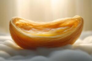 Golden Pastry Nest with Cream Filling on Soft Cloud-Like Surface photo
