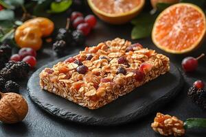 Healthy Fruit and Nut Granola Bar with Fresh Citrus and Berries on Slate Plate photo