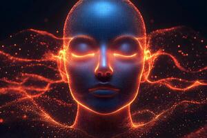 Futuristic AI Concept with Glowing Neural Network and Digital Human Face Design photo